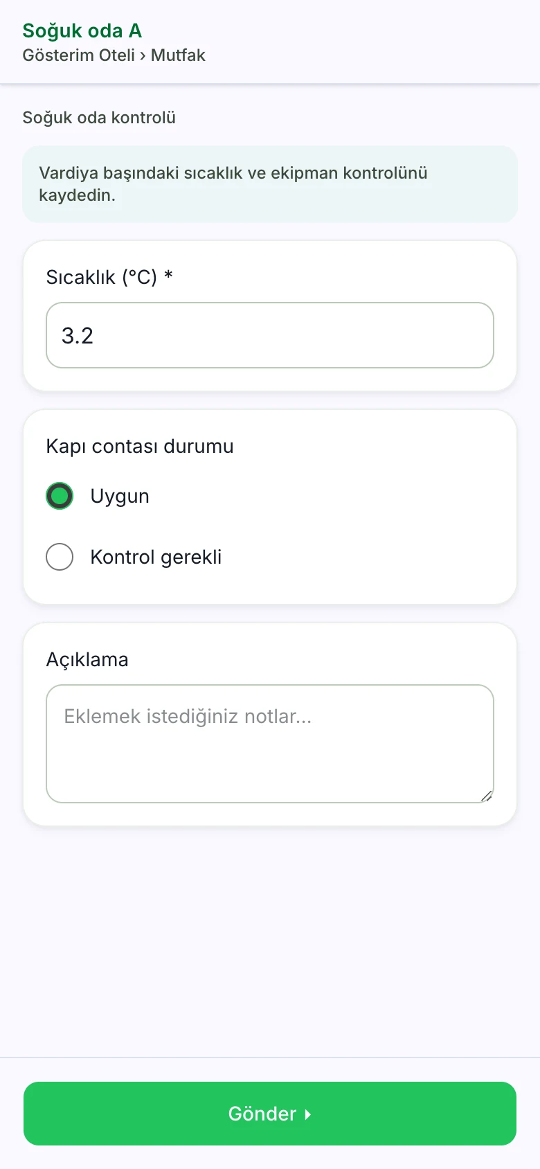 Greenlog gerçek uygulama ekranı: Kontrol formu. Gösterim Oteli verileri.